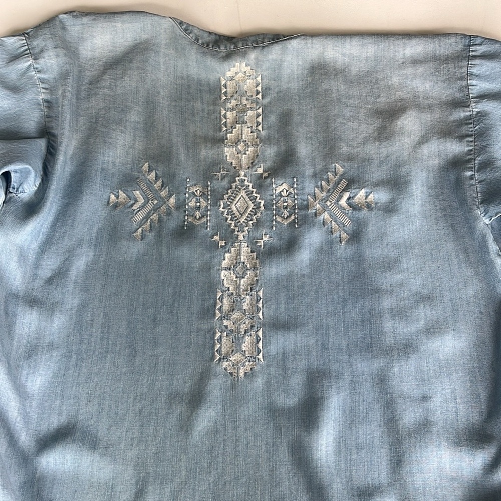 Embroidered Denim Duster with Cross Design - Picture 1 of 8